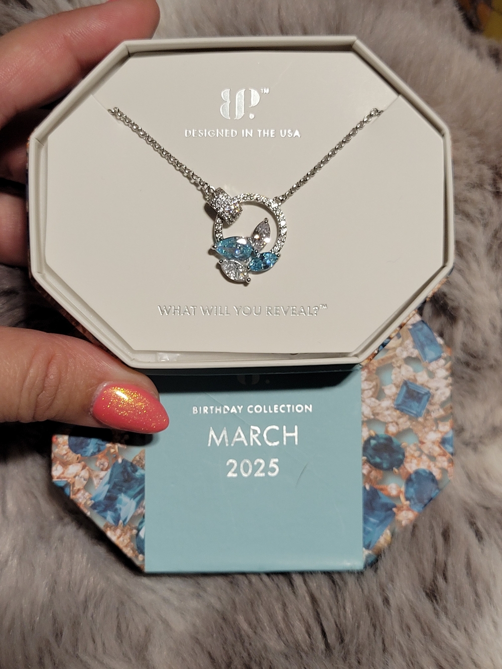 March Birthstone Pendant Necklace with Blue Gemstones - Sterling Tone